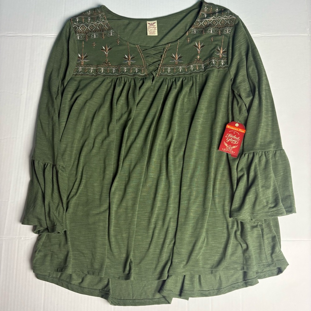 Faded Glory Women 4X Shirt Sea Turtle Green Embroidered New Hippie Poly Rayon